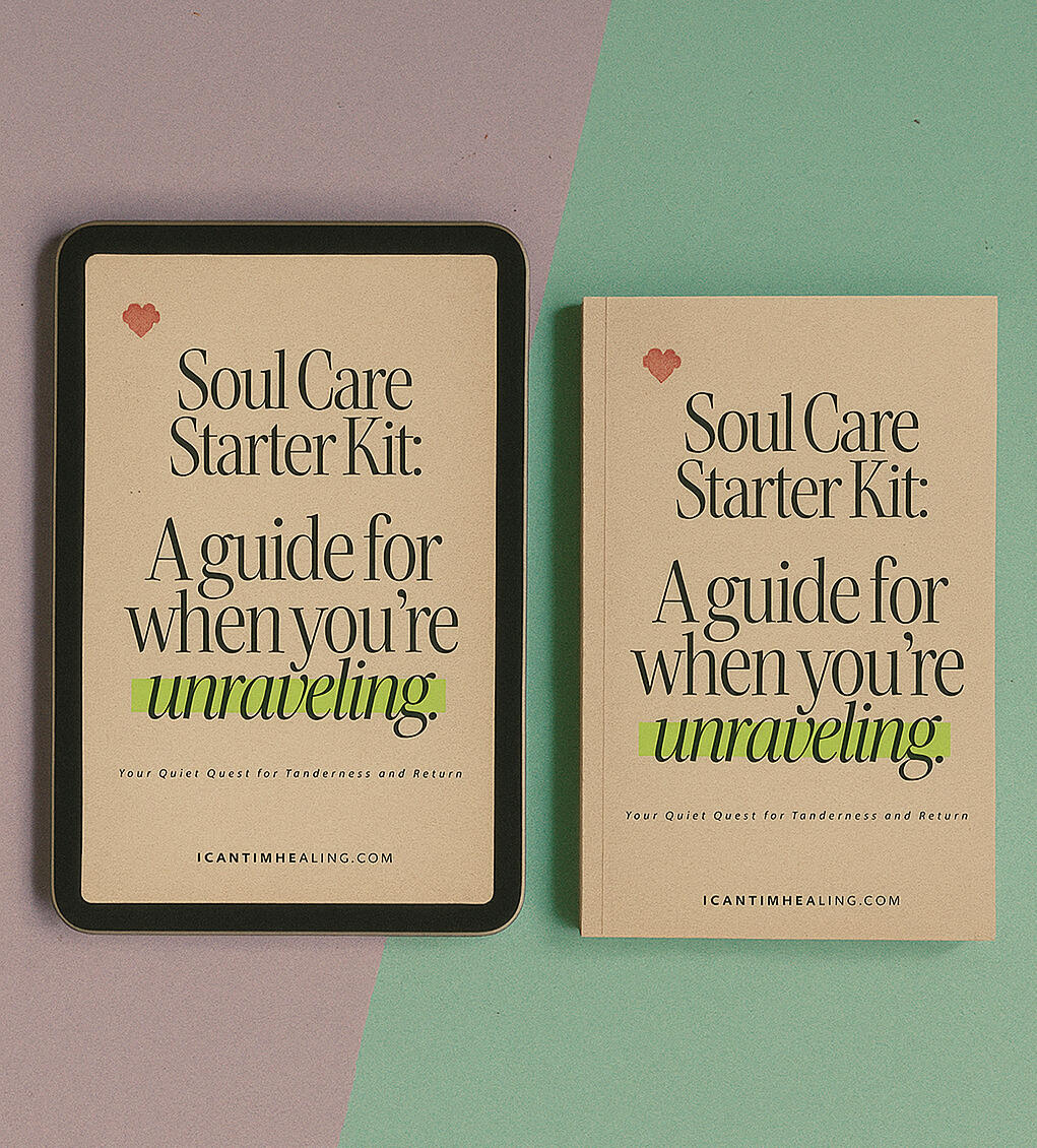 The Soul Care Starter Kit Soul Care Starter Kit booklet and tablet on soft pastel background, editorial style.
